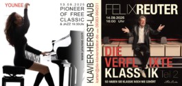 Werbeflyer für den Klavier Herbst Laub. Konzertveranstaltungen zum 20 jährigen Bestehen der Klavierstation. 13.09.2025 19:30 Uhr Younee und am 14.09.2025 16:00 Uhr Felix Reuter. Tickets unter karten@die-klavierstation.de 